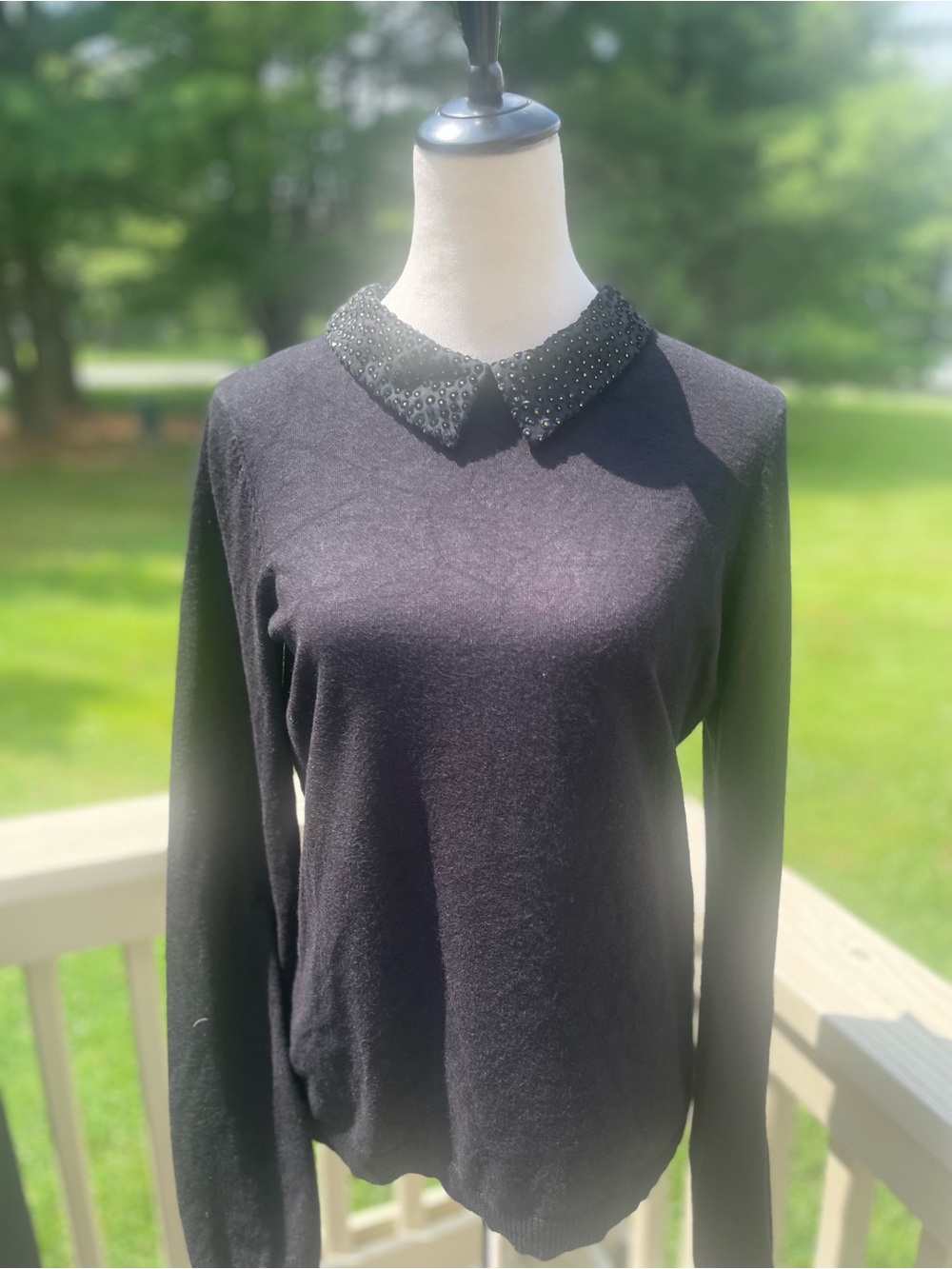Adrianna Papell Black Embellished Peter Pan Collar Sweater